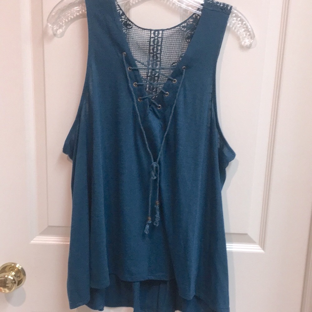 Teal Crochet Lace-Up Top - Picture 2 of 12